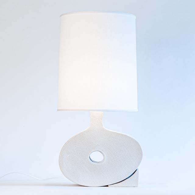 white ceramic Wedge table lamp with linen shade, J Schatz