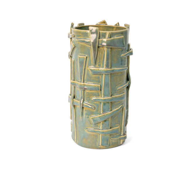 Sea-green glazed stoneware vessel, alternate view of the lattice strips and rust flecks, by Peter Souza Jr., J Schatz