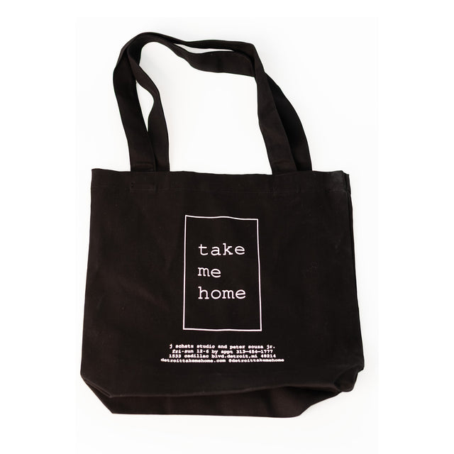 Take Me Home black tote bag with white one-sided print, J Schatz