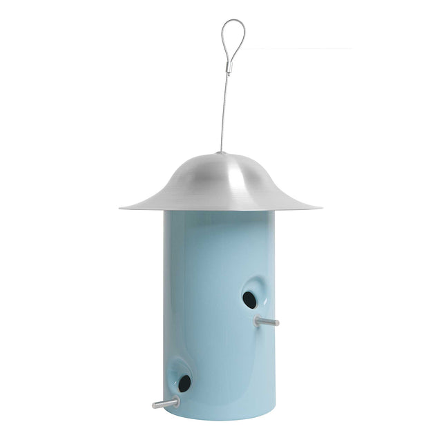 Light aqua ceramic Bistro bird feeder with aluminum cover, J Schatz