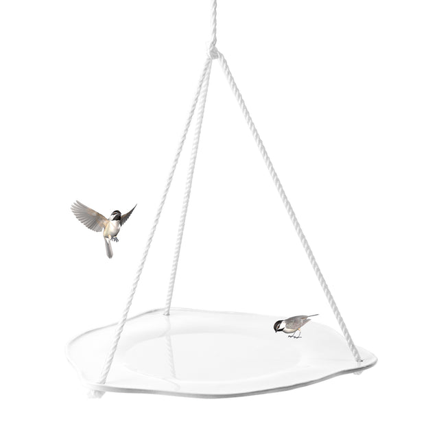 white ceramic hanging bird bath with two chickadees, J Schatz