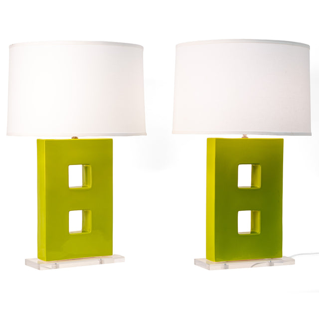Olive ceramic Figure 8 table lamp pair, J Schatz.