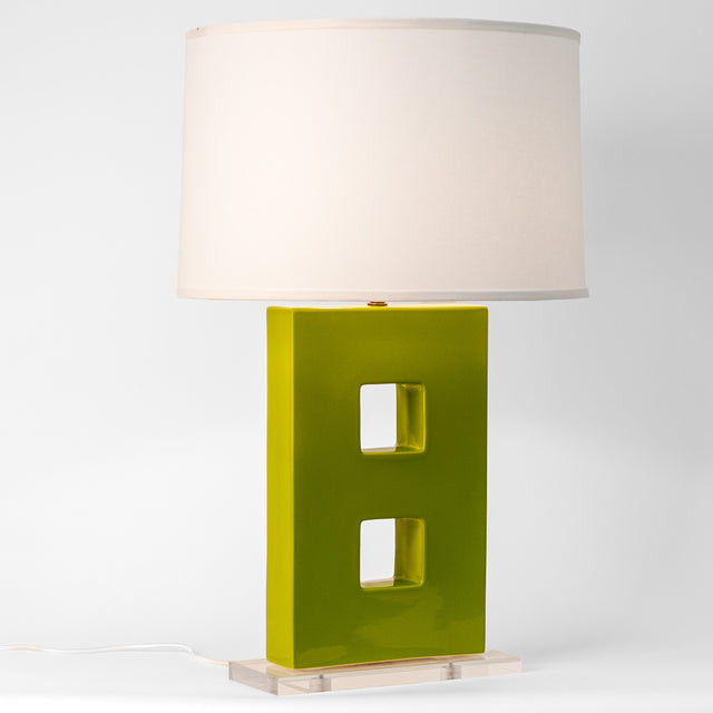 Olive ceramic Figure 8 table lamp pair, J Schatz.