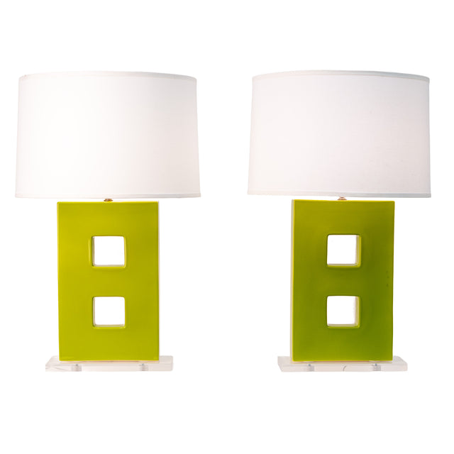 Olive ceramic Figure 8 table lamp pair, J Schatz.