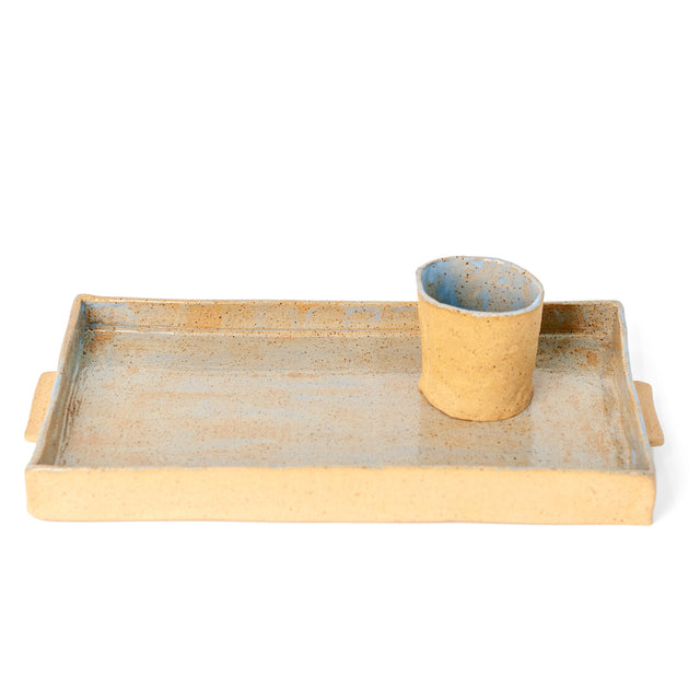 Slab-built speckled stoneware tray and cup pairing in light aqua glaze, by Peter Souza Jr.
