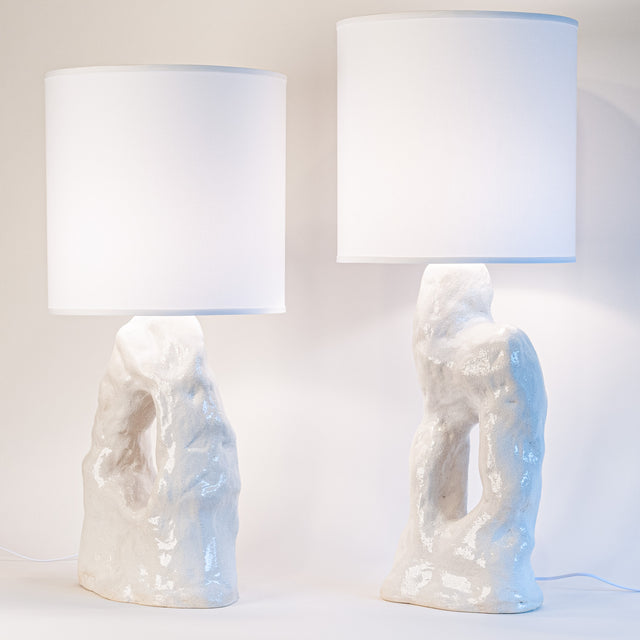 Textured white ceramic amorphous table lamps, J Schatz.