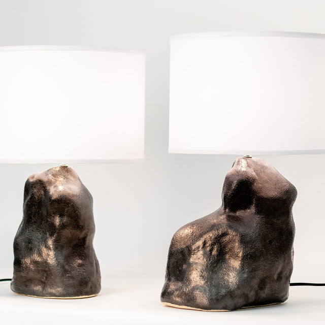 Metallic black ceramic amorphous table lamp pair, J Schatz.