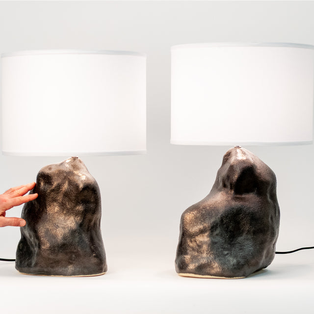 Pair of metallic black ceramic amorphous table lamps, J Schatz.