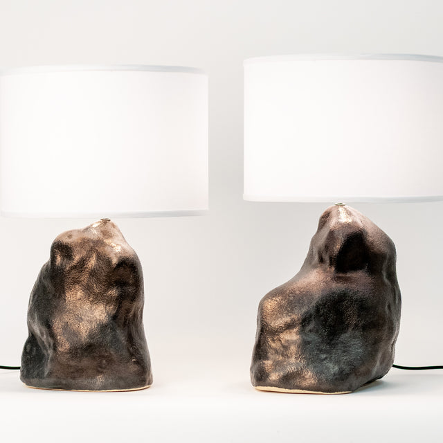 Metallic black ceramic amorphous table lamp pair, J Schatz.