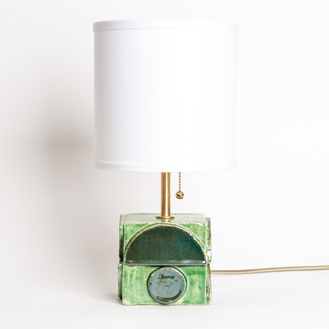Geometria ceramic table lamp in sage green metallic, base, J Schatz