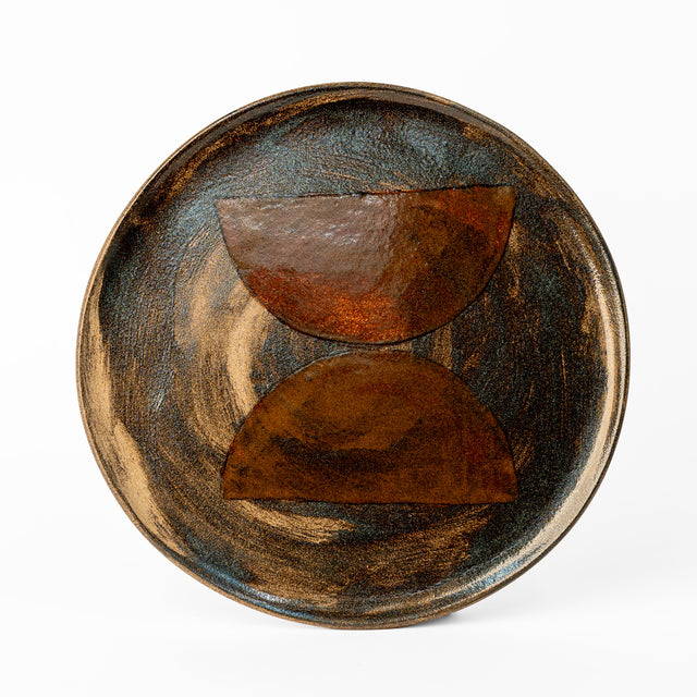 One-of-a-kind glazed stoneware Geometria platter, 13", glaze 55 over 63, J Schatz