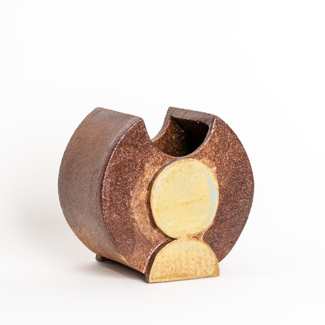 Cocoa, yellow, ash, and blue glazed stoneware Geometria vessel, J Schatz