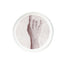 Photographic transfer of a raised forearm and open hand on stoneware Gestures plate, J Schatz.