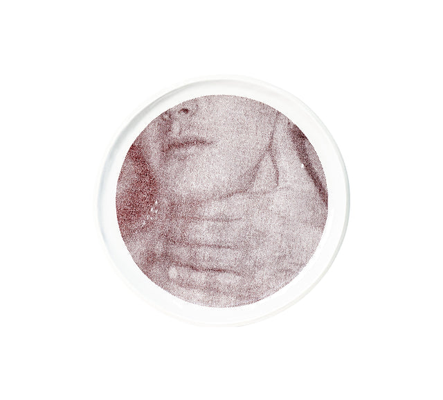 Photographic transfer of a torso and hand across the ribs on stoneware Gestures plate, J Schatz.
