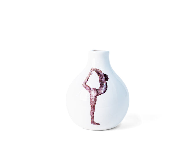 Photographic transfer of a standing backbend with foot drawn overhead on porcelain Gestures bud vase, J Schatz.