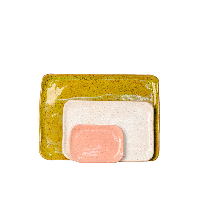 Olive, white, and pink slab-built stoneware Mod platter set, J Schatz