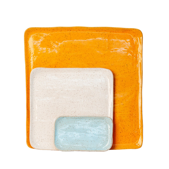 Orange, white, and light aqua slab-built stoneware Mod platter set, J Schatz