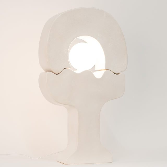 white ceramic Cactus Lamp 4, lit with glowing core, J Schatz