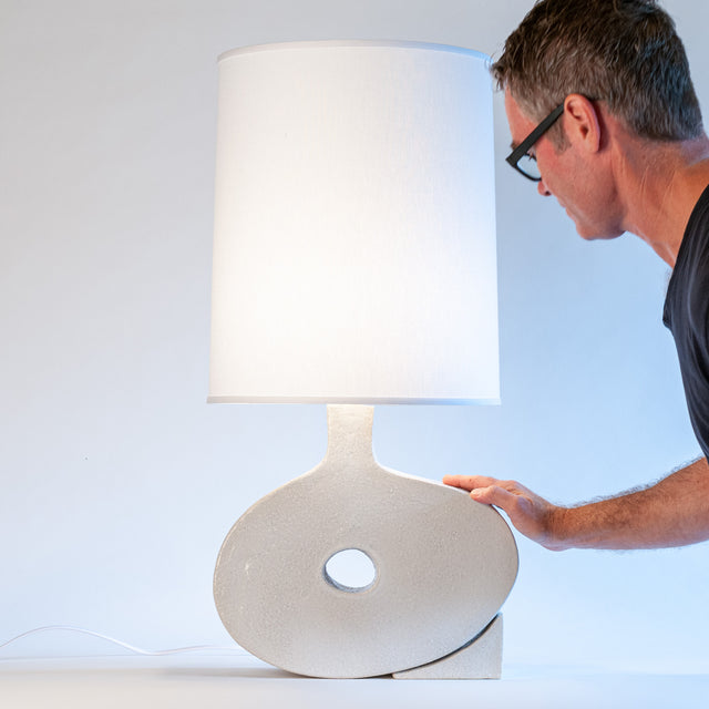 white ceramic Wedge table lamp, detail, J Schatz