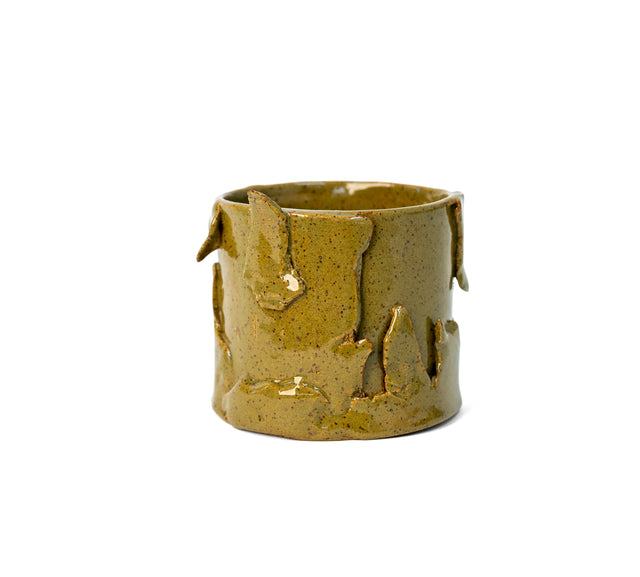 Olive-glazed speckled stoneware container with torn clay scraps applied to the wall, by Peter Souza Jr., J Schatz