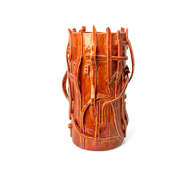 Rust-glazed stoneware vessel, alternate view of the looping applied strips, by Peter Souza Jr., J Schatz