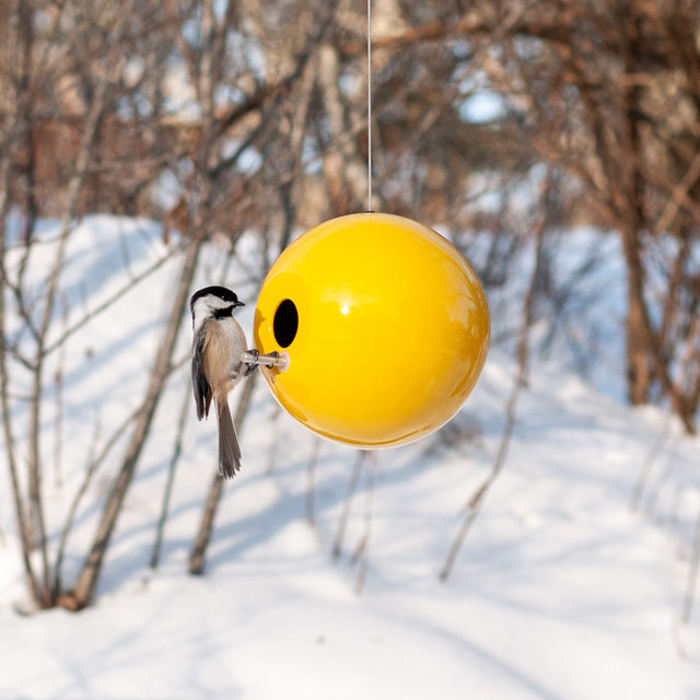 yellow ceramic Pop bird house with chickadee, J Schatz