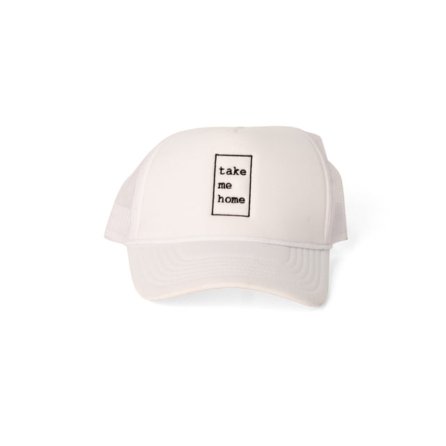 Take Me Home white mesh-back embroidered trucker hat, J Schatz