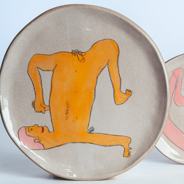 All Together Now hand-painted stoneware place setting, detail (Lonny, Charley, Jake, Paul, Lenny), by Jim Schatz