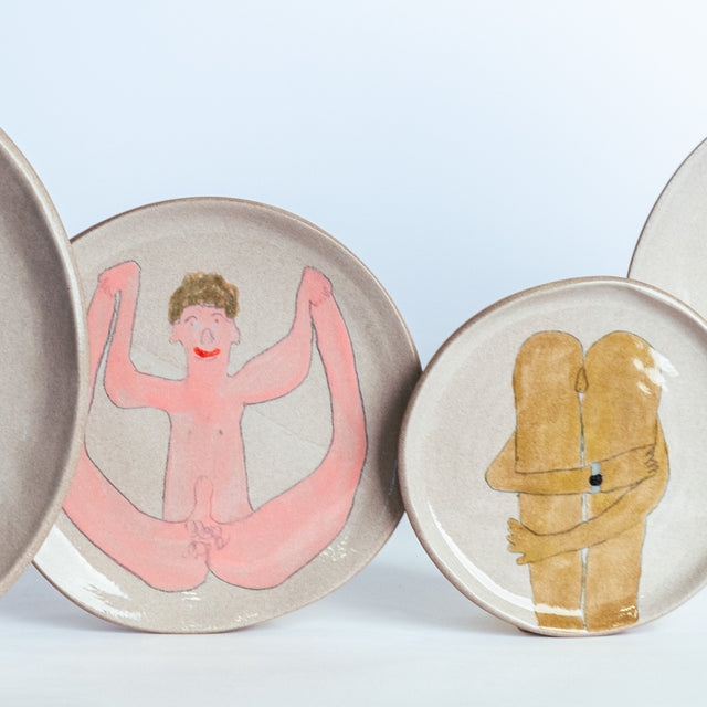 All Together Now hand-painted stoneware place setting, detail (Lonny, Charley, Jake, Paul, Lenny), by Jim Schatz