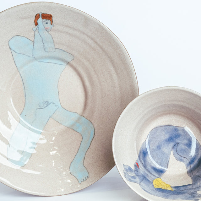 All Together Now hand-painted stoneware place setting, detail (Lonny, Charley, Jake, Paul, Lenny), by Jim Schatz