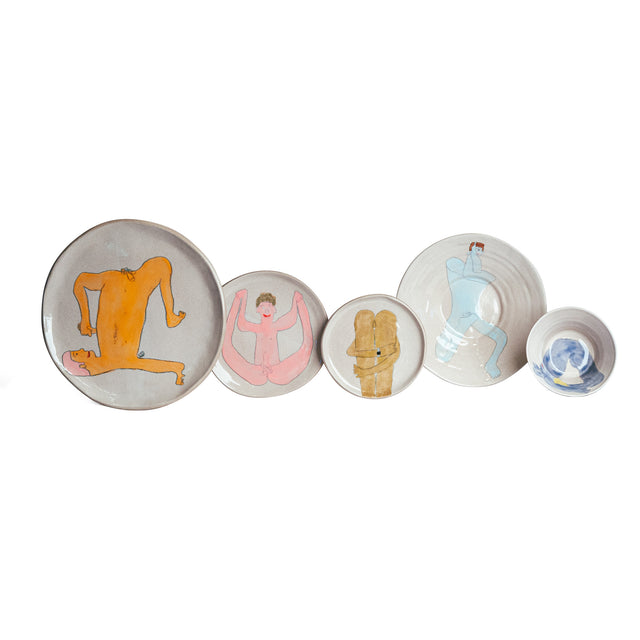 All Together Now hand-painted stoneware place setting with figural imagery (Lonny, Charley, Jake, Paul, Lenny), by Jim Schatz