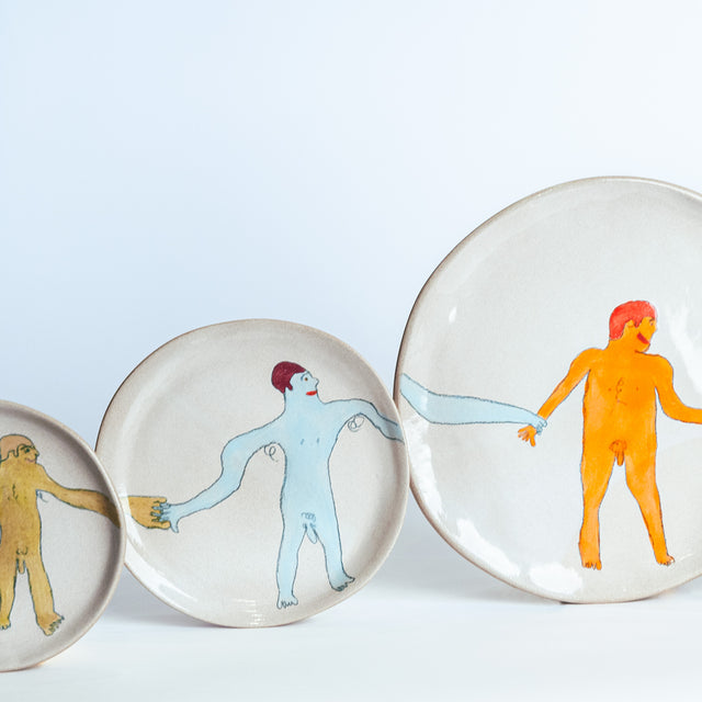 All Together Now hand-painted stoneware place setting, detail (Sam, Bill, Tito, Keith, Zach), by Jim Schatz