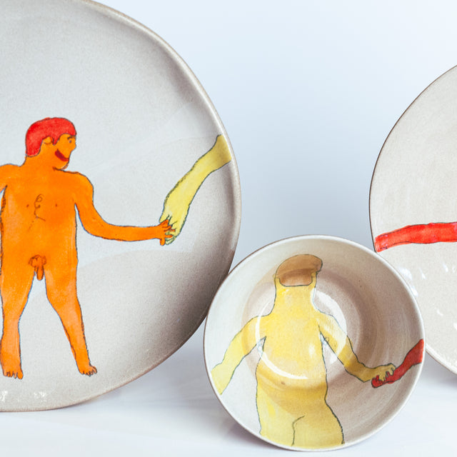 All Together Now hand-painted stoneware place setting, detail (Sam, Bill, Tito, Keith, Zach), by Jim Schatz