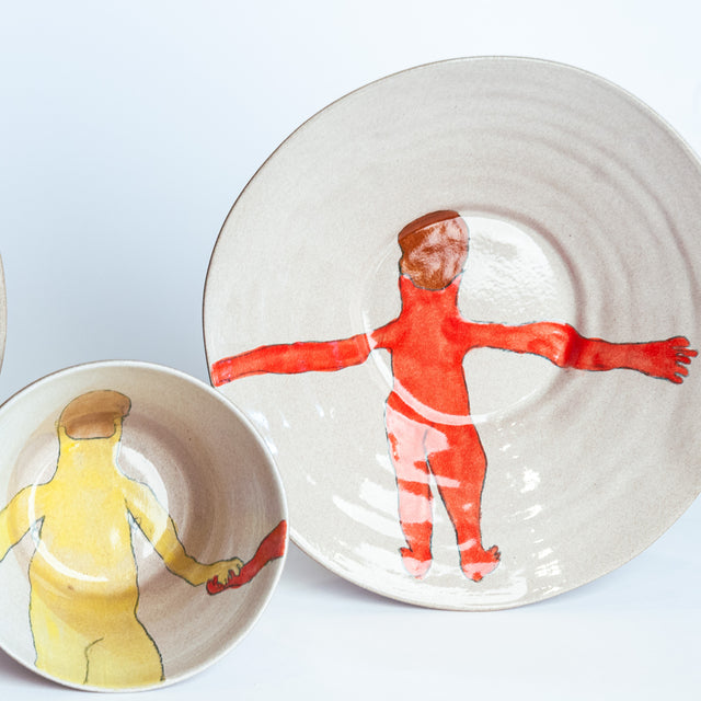 All Together Now hand-painted stoneware place setting, detail (Sam, Bill, Tito, Keith, Zach), by Jim Schatz