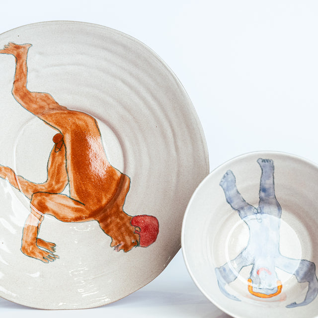 All Together Now hand-painted stoneware place setting, detail (Ted, Betty, Lester, Gus, Perry), by Jim Schatz
