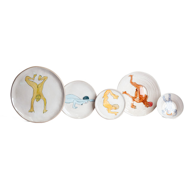 All Together Now hand-painted stoneware place setting with figural imagery (Ted, Betty, Lester, Gus, Perry), by Jim Schatz