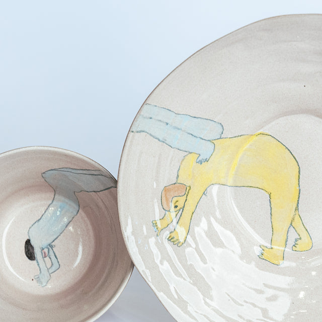 All Together Now hand-painted stoneware place setting, detail (Tyler, Sandy, Luke, Devon), by Jim Schatz