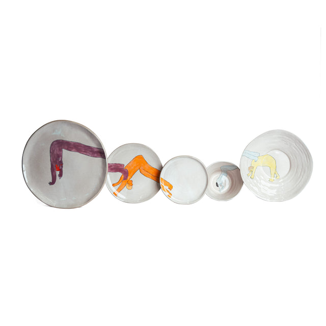 All Together Now hand-painted stoneware place setting with figural imagery (Tyler, Sandy, Luke, Devon), by Jim Schatz