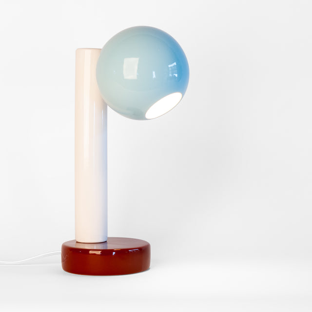 Spot On ceramic desk lamp in light aqua, bright white, and walnut brown, J Schatz