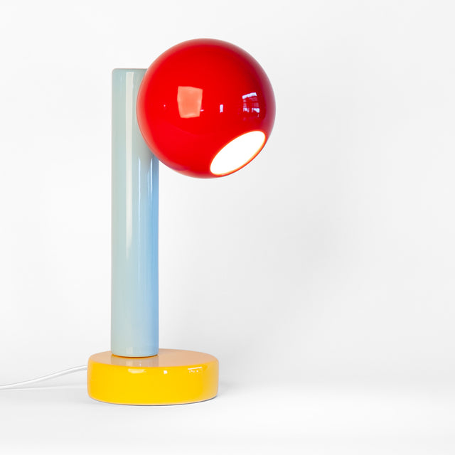 Spot On ceramic desk lamp in sumac red, light aqua, and goldenrod yellow, J Schatz
