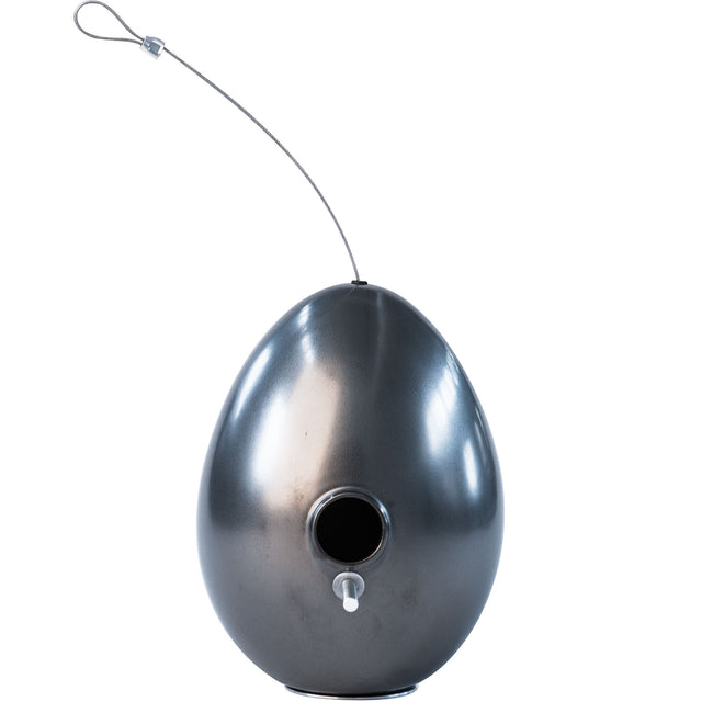 metallic black ceramic Egg bird house, J Schatz