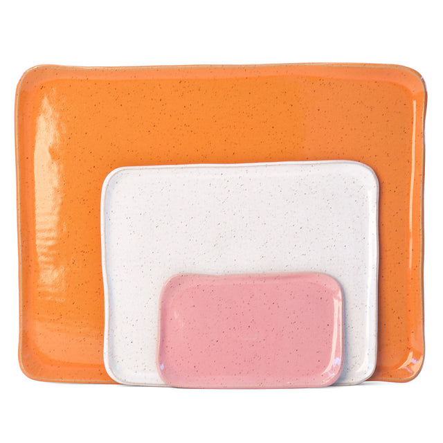 Pink, white, and orange slab-built stoneware Mod platter set, J Schatz
