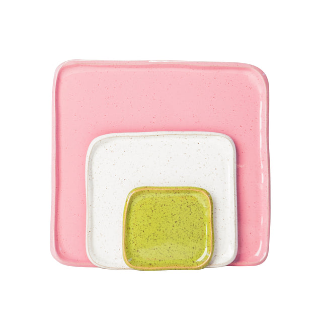 Olive, white, and pink slab-built stoneware Mod platter set, J Schatz