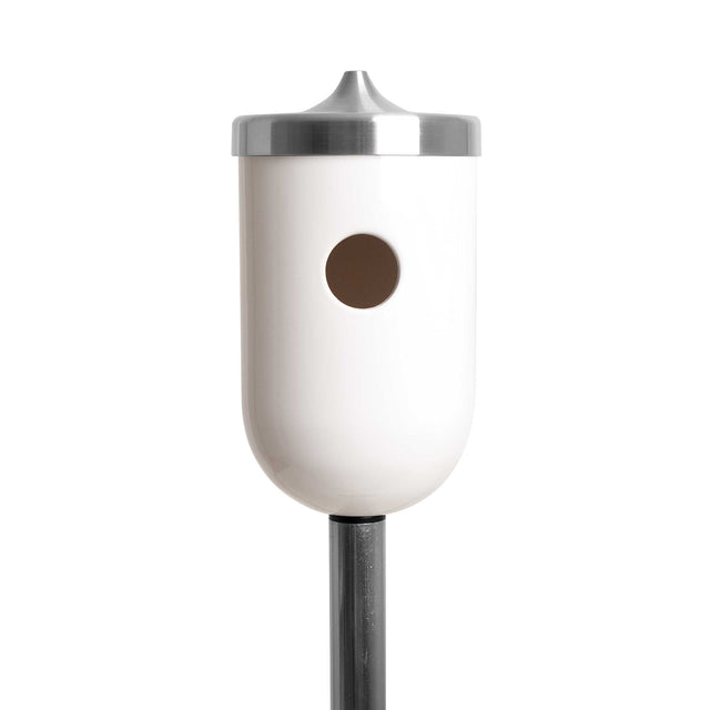 bright white ceramic Nut bird house on pole, J Schatz