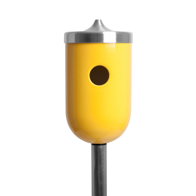 goldenrod yellow ceramic Nut bird house on pole, J Schatz