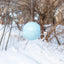 light aqua ceramic Pop bird house with chickadee in snowy brush, J Schatz