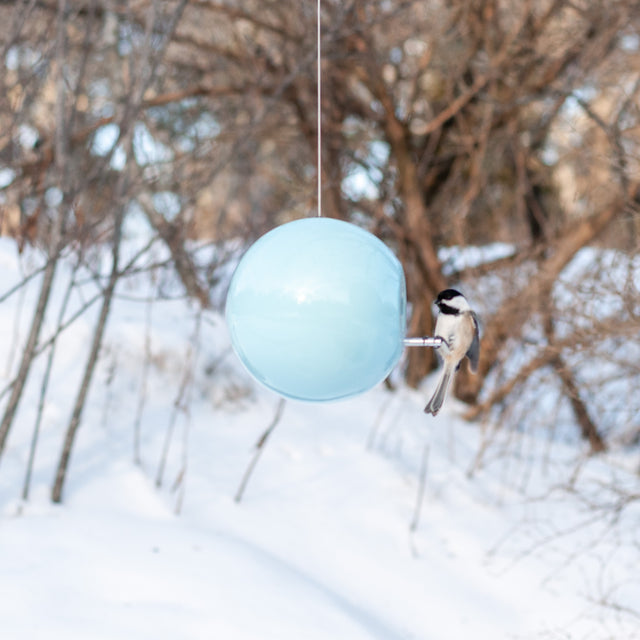 light aqua ceramic Pop bird house with chickadee in snowy brush, J Schatz