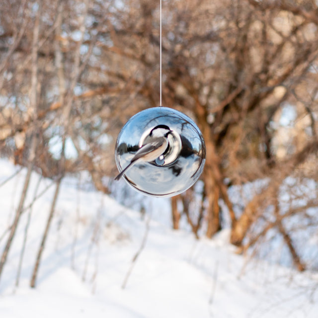 platinum mirror ceramic Pop bird house in winter trees, J Schatz