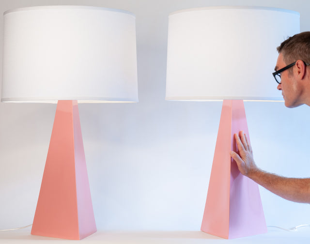 Pink ceramic Pyramid table lamp pair, J Schatz.