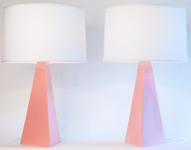 Pink ceramic Pyramid table lamp pair, J Schatz.